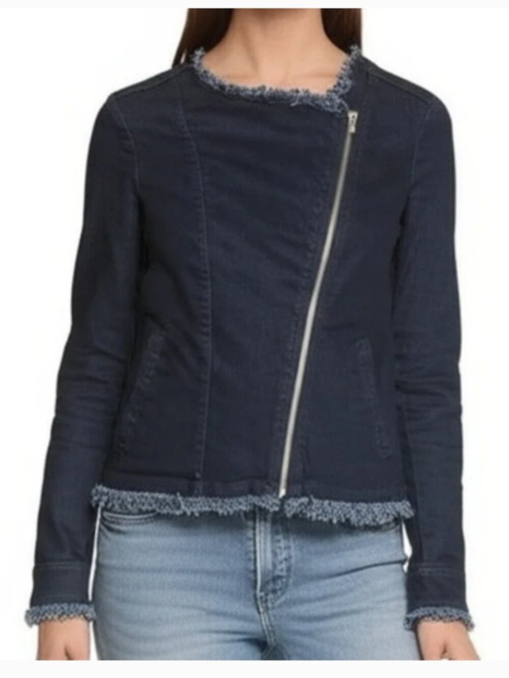 DG2 Diane Gilman Denim Jean Jacket XL Dark Blue Fringe‎ Trim Asymmetrical Zip